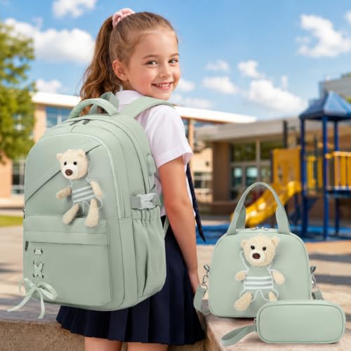 ACESAK School Backpack for Girls - 3 PCS Cute Girls Backpack with Lunch Box & Pencil Case - Kawaii Casual Kids Bookbag School Bag Daypacks Set for Elementary Middle High School Student Teens (Green) - color: Green