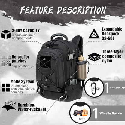 Expandable 40-64L Military Tactical Backpack 3 Day Bag Hiking Gym Sport Camping - color: Black