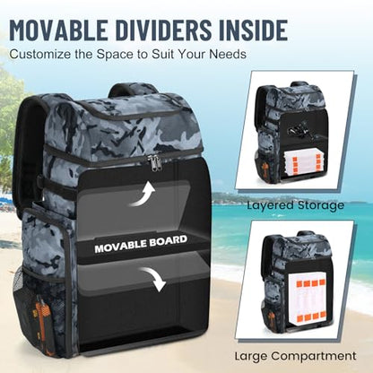 VJI 52L Large Fishing Tackle Backpack with Rod Holders, Black Camo - color: Black Camo