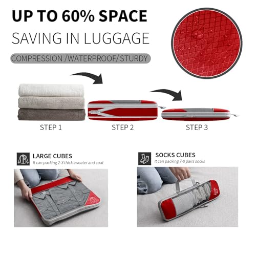 9-Set Packing Cubes with Hanging Bag | 9-Size Combination, Mesh Fabric & Reflective Stripe | Travel Luggage Organizers (Red) - color: Red