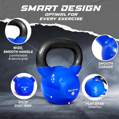 Yes4All Kettlebell, 5-100 LB Vinyl Coated Cast Iron Strength Training Kettlebells for Home Gym Exercises, Fitness, Full Body Workout Equipment, Push Ups, and Grip Strength - color: I. 45LB - Dark Blue, style: Vinyl Coated - Pair