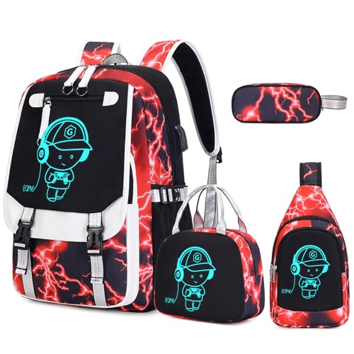 Bevalsa Backpack for Boys, Cool Luminous Boys Backpack with Sling Bag, Lunch Box & Pen Case, School Bags for Kids Children Teens Elementary Middle Schools, Bookbag Glow In The Dark (Red Lightning) - color: Red Lightning