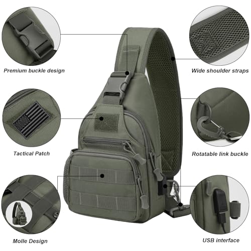 ZHIERNA Tactical Crossbody Bag for Men with Water Bottle Holder, MOLLE EDC Shoulder Sling Chest Bags with USB Charging Port for Travel Walk(Grey Green) - color: Grey Green