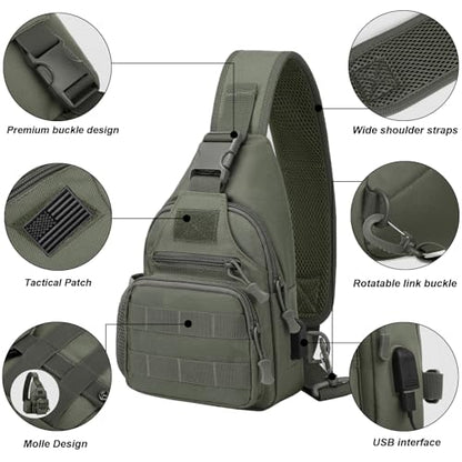 ZHIERNA Tactical Crossbody Bag for Men with Water Bottle Holder, MOLLE EDC Shoulder Sling Chest Bags with USB Charging Port for Travel Walk(Grey Green) - color: Grey Green
