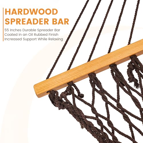 Lazy Daze Hammocks Double Rope Hammock, 2 Person Traditional Outdoor Hand Woven Cotton Rope Hammock with Spreader Bar, Carabiners, Tree Straps, Chains for Patio Yard - Max 450 Lbs, Dark Brown - color: Dark Brown