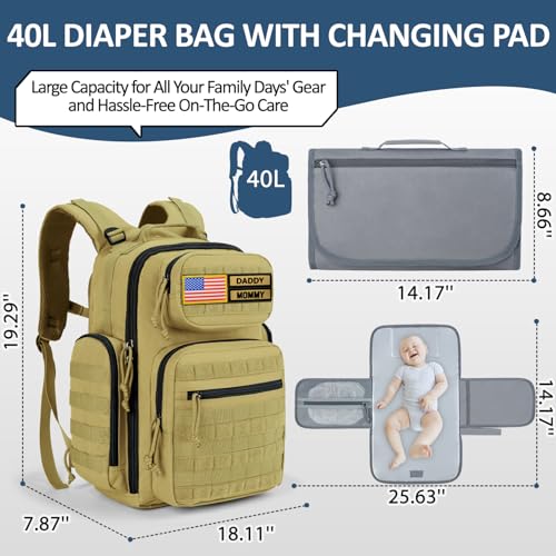 MIRACOL Baby Diaper Bag with Changing Pad - Large Military Daddy Gear Backpack for Hiking Travel Camping -Army Style for Men Active Dad Tan - color: Tan W/ Changing Mat