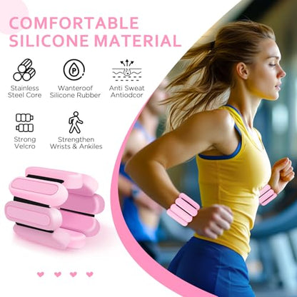 Adjustable Wrist & Ankle Weights Set of 2(1Lbs Each), Premium Silicone Wearable Weight Bracelets, Fits for Yoga, Pilates, Home Gym Workout, Dance, Pool Exercises, Jogging, Cardio, Strength Training - color: Pink