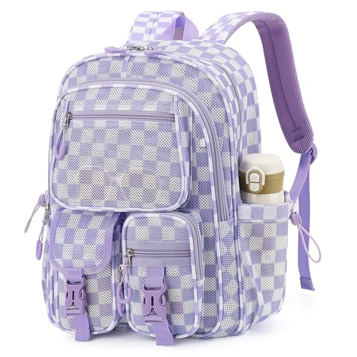 Mesh Backpack for School, Heavy Duty Mesh Bookbags for Women Girls Boys Kids with Inner Laptop Compartment for College, Travel, Beach, Swimming, Sports - Checkered Purple - color: Checkered Purple