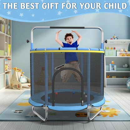 Trampoline for Kids, 55" Indoor & Outdoor Toddler Trampoline, Anti-Rollover Bottom Kids Toys with Adjustable Gymnastics Bars, Toddler Swing, Basketball Hoop - color: Blue