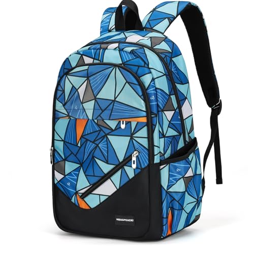 Boys' Large School Backpack, for 8-16 Years Old, Elementary - High School (Geometric Blue, Large：19.5×7.2×13.25 inch) - color: Geometric Blue