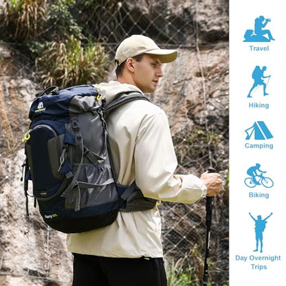 ShowyLive 60L Waterproof Hiking and Camping Backpack for Men - Durable, Lightweight Large Hiking Backpack with Rain Cover, Multi Compartments, and Adjustable Straps, Blue - color: Blue, size: 60L