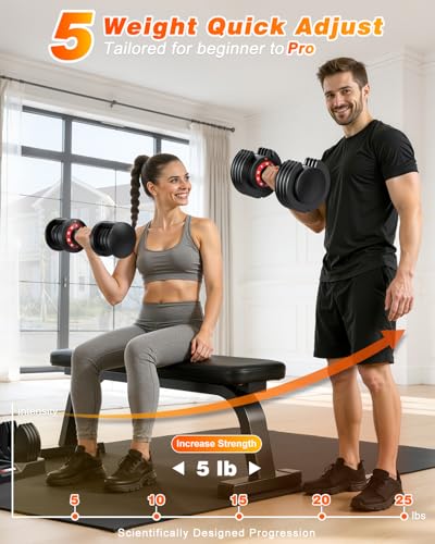 XDDIAS Adjustable Dumbbells Set of 2 for Strength Training, One-Hand Quick Adjust, 25/55/80/90 lbs Options, Anti-Slip Grip Handle, Compact Home Gym Weights for Men Women - color: 25LBS-5 Gears