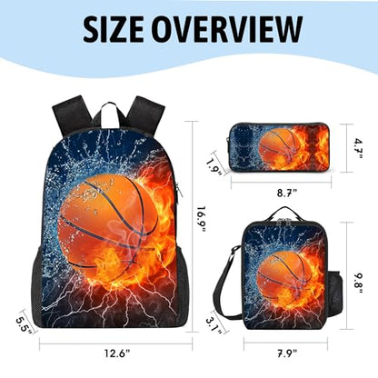 3PCS Basketball Backpack for Boys Girls Teens, School Backpack with Lunch Box Pencil Case for Elementary Middle High Students, 17 Inch Lightweight Bookpack 3 in 1 Set Back to Shool Supplies for Kids - color: Water Fire Basketball S01