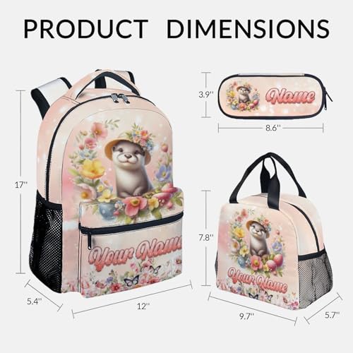 Mercuryelf Personalized Backpack for Girls, Otter 3PCS Kids Backpack Set with Lunch Bag & Pencil Case; 17 Inch Water Resistant School Bookbag for Elementary Kindergarten - color: Pink