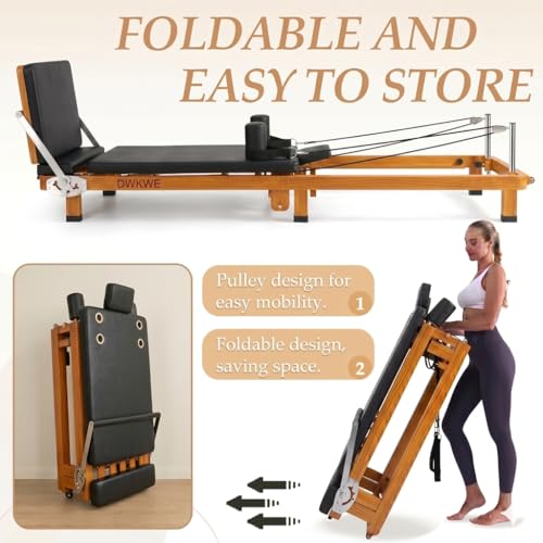 88" Foldable Pilates Reformer,Walnut Wood Grain Metal Frame, Dual Spring & Latex Resistance, Jump Board & Headrest, Adjustable Footbar Space-Saving Home Gym, Ideal - size: 88*21.3*11IN
