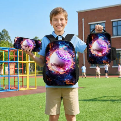 Baseball Backpack Set for School,17 Inch Casual School Bags with Lunch Box, Kids Daypack Bags and Pencil Case Set for Teens Boys Men Students - color: Baseball