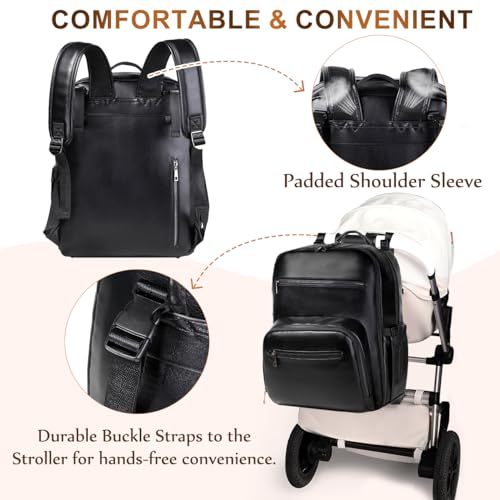 VASCHY Diaper Bag Backpack for Mum Dad, Unisex Large Waterproof Vegan Leather Baby Bag with Changing Pad,Insulated Pockets,Padded Laptop Sleeve for Travel,Black - color: Black