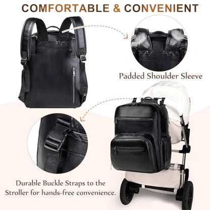 VASCHY Diaper Bag Backpack for Mum Dad, Unisex Large Waterproof Vegan Leather Baby Bag with Changing Pad,Insulated Pockets,Padded Laptop Sleeve for Travel,Black - color: Black
