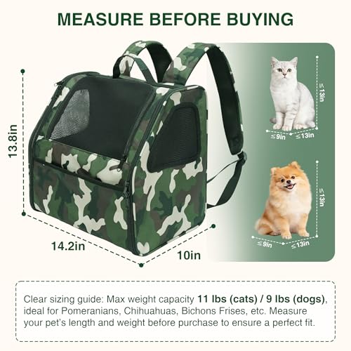 Cat Carrier Backpack Camouflage Cat Backpack Carrier Pet Travel Bag | 3-Sided Breathable Mesh, Foldable & Lightweight, Built-in Safety Leash, Front Pocket Storage, Fits Pets up to 11 lbs