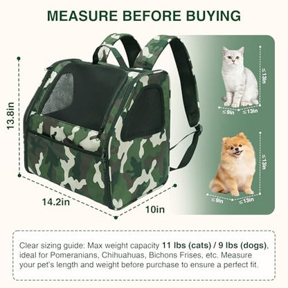 Cat Carrier Backpack Camouflage Cat Backpack Carrier Pet Travel Bag | 3-Sided Breathable Mesh, Foldable & Lightweight, Built-in Safety Leash, Front Pocket Storage, Fits Pets up to 11 lbs