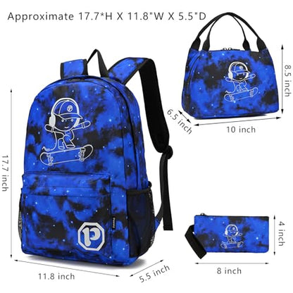 Kids Backpack School Backpack for Boys, Elementary Primary Middle School Bags With Lunch Bag & Pencil Case, Lightweight Laptop Backpack College Bookbag Travel Dayback, Blue - style: Skateboard-blue1