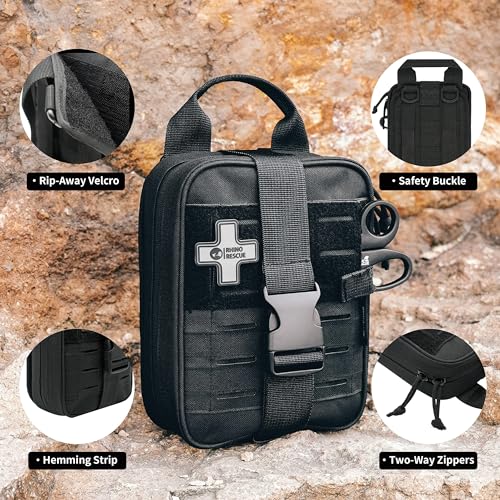 RHINO RESCUE Survival First Aid Kit, HSA/FSA Eligible, Emergency Kit Molle Pouch IFAK Medical Kit for Vehicles Car Camping Backpacking Hiking Hunting - color: Black