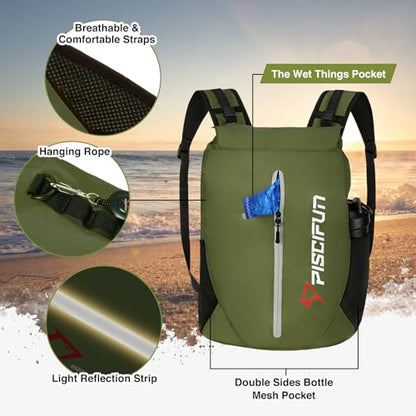 Piscifun Dry Bag Waterproof, Lightweight Dry Backpack Roll-Top Sealed with Waist Pouch and Phone Case Keeps Gear Dry Inside for Kayaking, Boating - color: Army Green, size: 30L