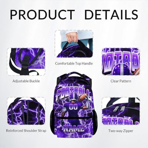 UNIKITTY Boys Football Backpack Set, Personalized School Backpack with Lunch Box & Pencil Case; 17 Inch Large Capacity Football Bookbag, Water Resistant for Kids Teens Elementary & Middle School - color: Purple