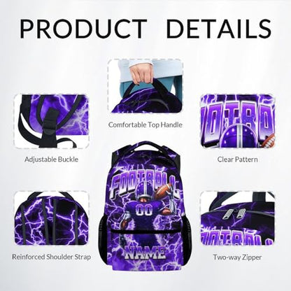 UNIKITTY Boys Football Backpack Set, Personalized School Backpack with Lunch Box & Pencil Case; 17 Inch Large Capacity Football Bookbag, Water Resistant for Kids Teens Elementary & Middle School - color: Purple