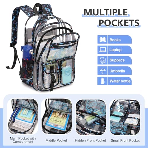 DIGOBAY 3PCS Cool Luminous Clear Backpack for Boys Kids, Gamer Clear Bookbag for School, See Through PVC Transparent Backpacks with Lunch Bag Pencil Case, Backpack Heavy Duty for School Stadium - color: Blue