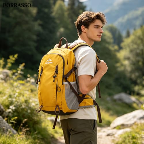 30L Hiking Backpack with Hydration Compartment Water Resistant Outdoor Daypack with Breathable Back System Rucksack for Camping Travel Daily Use Yellow - color: Yellow