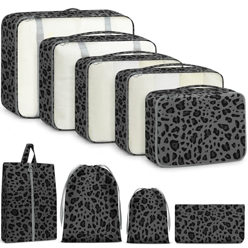 9 Set Packing Cubes for Travel Essentials - Lightweight Carry-On Luggage Organizer Bags with Shoe, Clothes & Laundry Bags for Airplane, Family & Business Travel, Gray leopard print - color: Gray leopard print