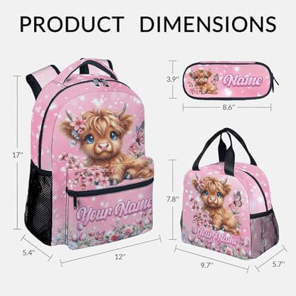 Mercuryelf Personalized Backpack for Girls Highland Cow 3PCS Kids Backpack Set with Lunch Bag & Pencil Case, 17 Inch School Bookbag for Elementary Kindergarten - color: Red