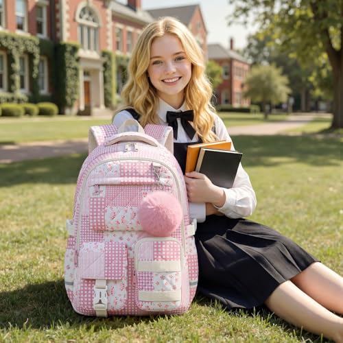 Quilted Backpack for Teen Girls,Cute Pink Patchwork School Backpack with Multi-Pocket Design,Lightweight Cotton Bookbag Fits 15.6" Laptop,Large Capacity Aesthetic Backpack with Plush Charm - color: Pink Patchwork