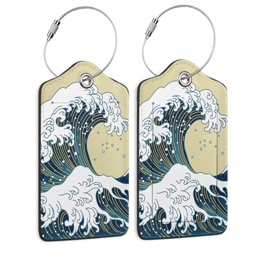 Luggage Tags for Suitcase,2 Pack Japanese Ocean Wave Luggage Tag Leather Privacy Cover ID Label with Stainless Steel Loop for Women Men Kids Girls Travel - color: Japanese Ocean Wave