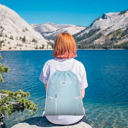 WANDF Drawstring Backpack Sports Gym Sackpack with Mesh Pockets Water Resistant String Bag for Women Men(Light Blue) - color: Light Blue
