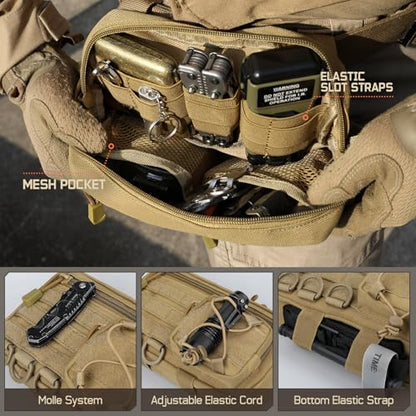 Molle Admin Pouch for Tactical Backpack, EDC Tool Pouch Organizer, Tactical Admin Pouch Molle, Belt Zipper Utility Waist Bag, Horizontal Phone Pouch with US Flag Patch - color: Khaki