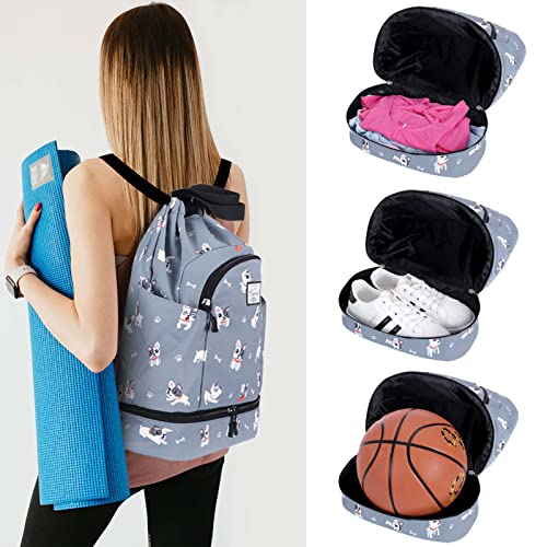 KAMO Drawstring Backpack Bag - Sport Swimming Yoga Backpack with Shoe Compartment, Two Water Bottle Holder for Men Women Large String Backpack Athletic Sackpack for Travel - color: Dog