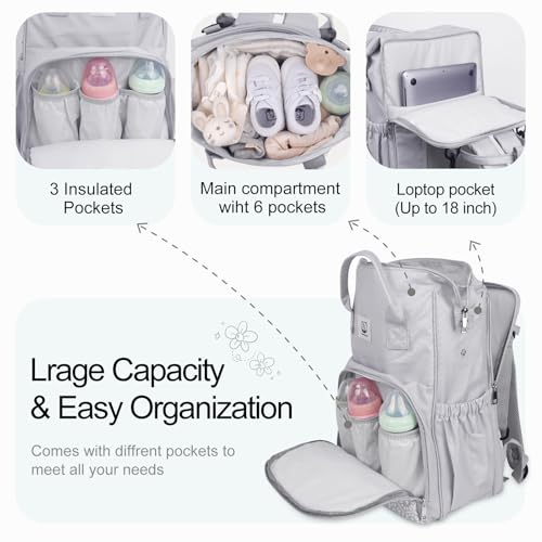 Diaper Bag with Changing Pad, Large Baby Bags Backpack with Stroller Straps & Insulated Pockets, Multifunction Waterproof Travel Diapers Back pack for Women & Man, Grey - color: Grey