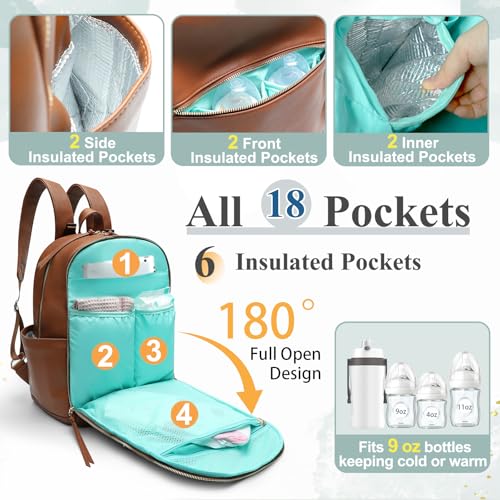 MOMINSIDE Diaper Bag Backpack with 6 Insulated Pockets, Leather Diaper Bag, Large Baby Bag for Mom, Baby Registry, 18 Pockets, Changing Pad, Stroller Straps (Brown) - color: Brown