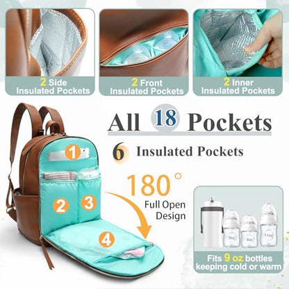 MOMINSIDE Diaper Bag Backpack with 6 Insulated Pockets, Leather Diaper Bag, Large Baby Bag for Mom, Baby Registry, 18 Pockets, Changing Pad, Stroller Straps (Brown) - color: Brown