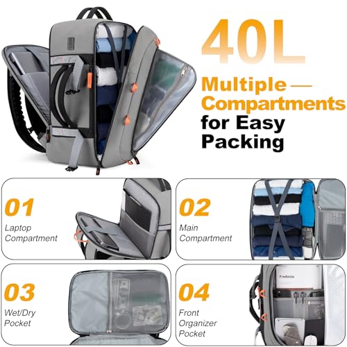 40L Travel Backpack,TSA Approved Carry On Backpack,Business Work Bag with Wet/Dry Compartment, Fits 17.3" Laptop, Duffel Bag for Men Women(Gray) - color: Gray