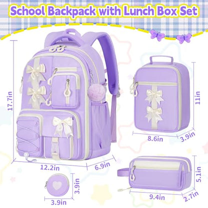 Girls Backpack with Lunch Box Set, 4 PCS Cute Kawaii School Bookbag for Elementary Girls, Purple Aesthetic Large Laptop Backpack for Kids & Teens - color: Purple