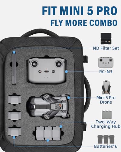 PEKREWS Mini 5 Pro Case, Expandable Carry On Bag for DJI RC 2/ RC-N3 Controller, Large Capacity Mini 5 Pro Backpack Fits 17.3 Inch Laptop and Fly More Combo, Travel Drone Carrying Case for Accessories