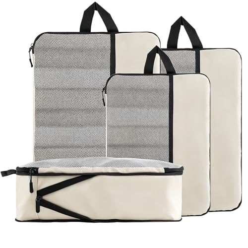 U+U 4 Set Compression Packing Cubes - Ultralight Cream Travel Organizers, Space-Saving Suitcase Organizer, Expandable Packing Cubes for Travel and Family Vacation (Cream) - color: Cream, size: 4 Set