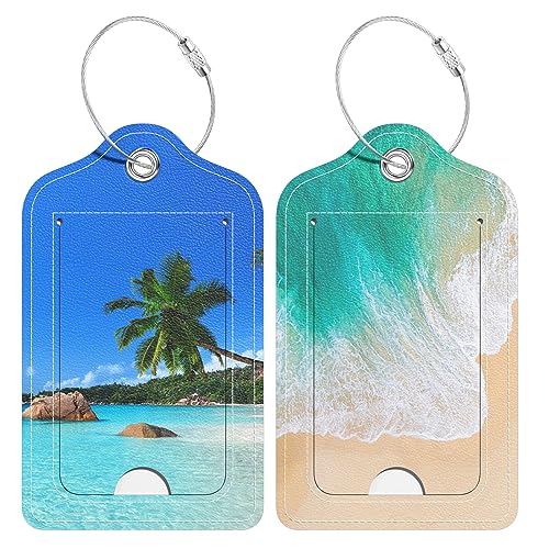 2 Pack PU Leather Luggage Tags for Suitcase, Travel Cruise Luggage Tag with Privacy Flap, Name ID Label and Metal Loop for Women Men Baggage Handbag School Bag Backpack, Beach - color: Beach, size: 2 Pack