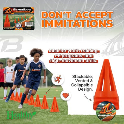 Healthy Surplus Soccer Training Markers (12) - Flexible Agility Markers for Soccer, Football, Hockey & Basketball Drills - High Visibility Orange Field Markers - Made in USA - BendiSafe
