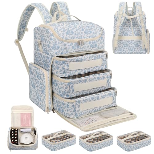 Extra Large Nail Polish Organizer Backpack, Holds 124+ Bottles & Full Size Lamp, Travel Nail Organizers and Storage Bag with 3 Removable Pouches, Portable Nail Supplies Case (Floral Blue, 124 Slots) - color: Floral Blue