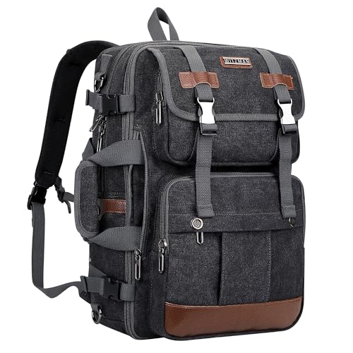 WITZMAN Canvas Travel Backpack for Men Large Laptop Backpack Fit 16 inch Carry-on Airline Approved Convertible Shoulder Rucksack(A6617-3 Black) - color: Black