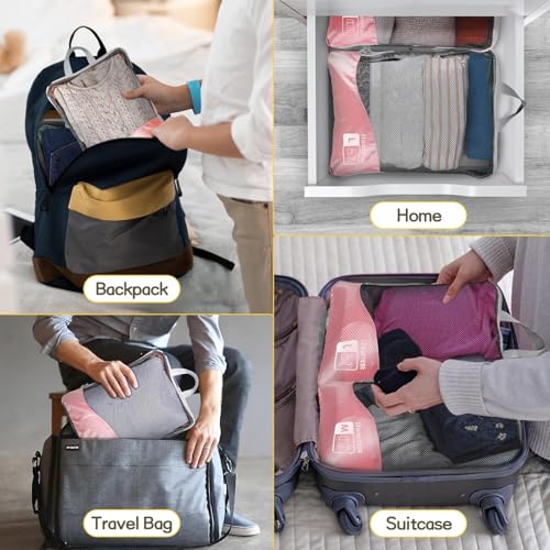 Compression Packing Cubes 8 Set, Dual Zipper Compression Packing Cubes for Travel, See-Through Mesh Packing Bags for Suitcases, Compression Travel Cubes with Shoe Bag (Pink) - color: 8 Set Pink
